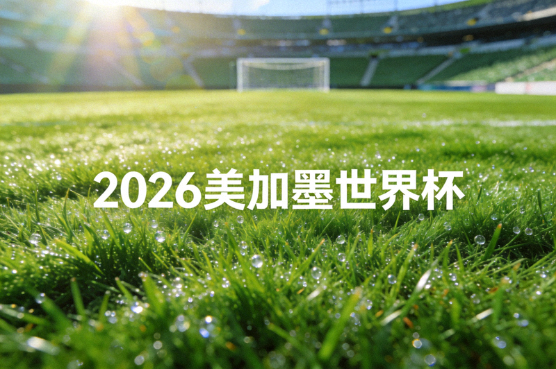阳光照耀下的绿色足球场草坪，象征2026年美加墨世界杯即将拉开帷幕